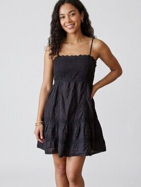 Free People Black Lace Tiered Mini Dress Pleated Bodice Size Medium